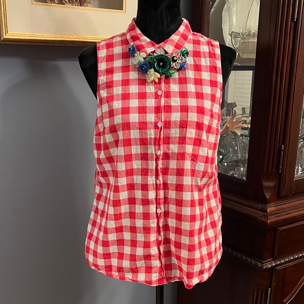 Hot Pink and White Checkered Sleeveless Blouse